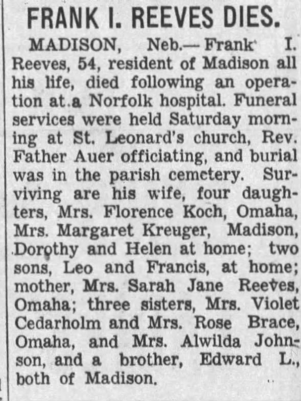 Obituary for FRANK I. REEVES (Aged 54)